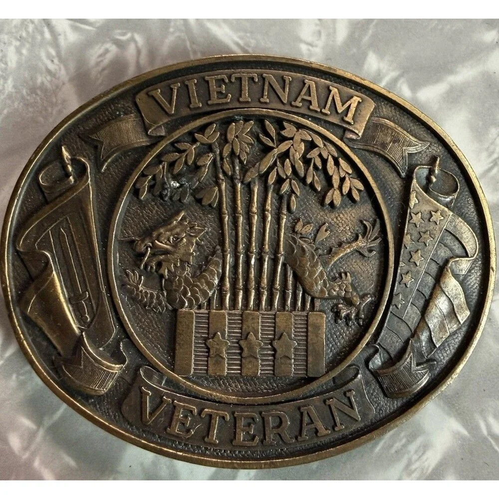 Vintage Vietnam Veteran Brass Belt Buckle Dragon Flag America Coat Of Arms